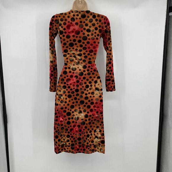 Huminska NY Faux Wrap Dress Womens Sz 0 Orange Burnout Velvet Long Sleeve V-Neck - Picture 8 of 12
